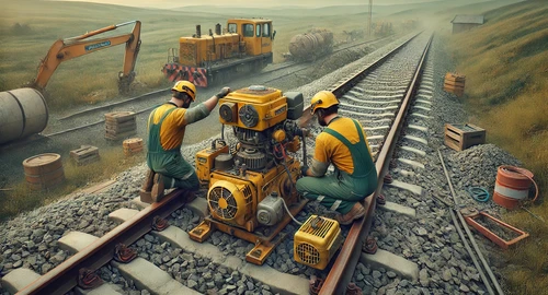 DALL·E 2025-03-18 225444 - A realistic wide image (16_9 aspect ratio) showing the service and maintenance of small railway tools and equipment The scene features two workers (f