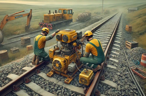 DALL·E 2025-03-18 225444 - A realistic wide image (16_9 aspect ratio) showing the service and maintenance of small railway tools and equipment The scene features two workers (f