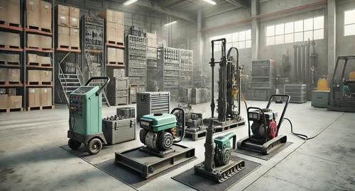 DALL·E 2025-03-18 225734 - A realistic wide image (16_9 aspect ratio) showing small construction equipment prepared for servicing The scene includes gasoline-powered constructi