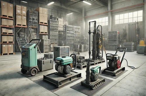 DALL·E 2025-03-18 225734 - A realistic wide image (16_9 aspect ratio) showing small construction equipment prepared for servicing The scene includes gasoline-powered constructi