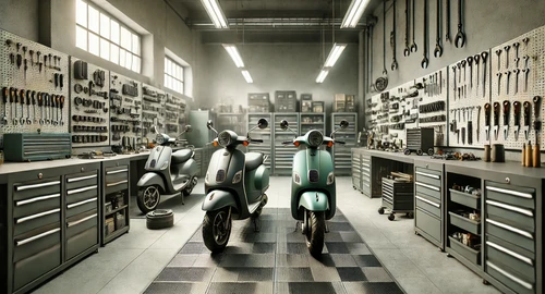 DALL·E 2025-03-18 225908 - A realistic wide image (16_9 aspect ratio) showing a professional indoor workshop scene focused on servicing scooters and mopeds The workshop include