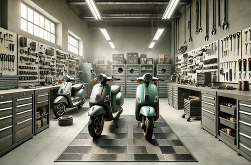 DALL·E 2025-03-18 225908 - A realistic wide image (16_9 aspect ratio) showing a professional indoor workshop scene focused on servicing scooters and mopeds The workshop include